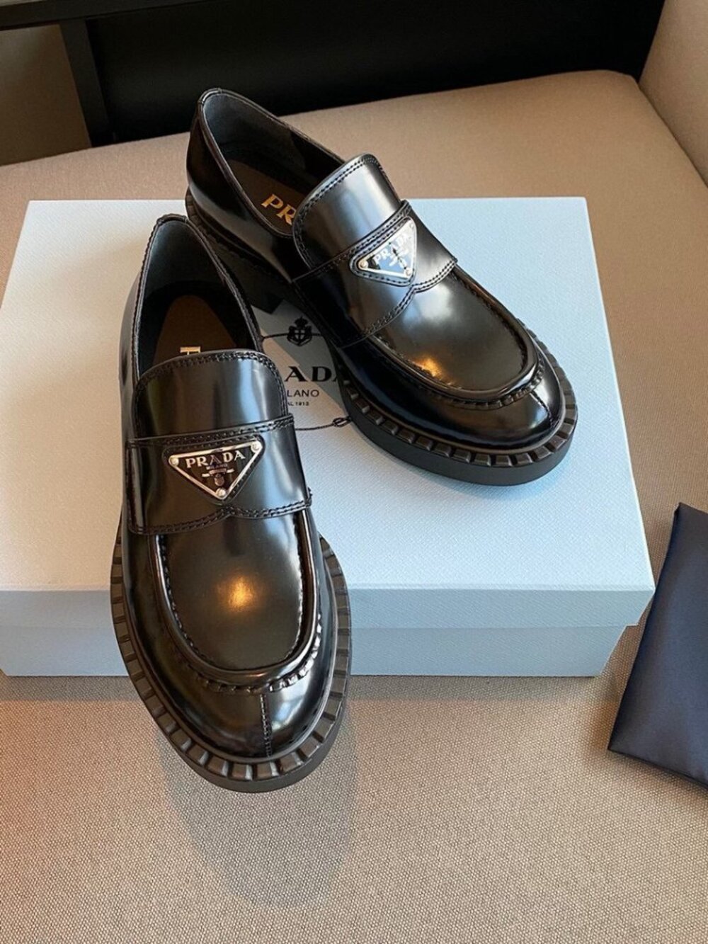✨ Prada Black Brushed Leather Triangle Logo Platform Loafers